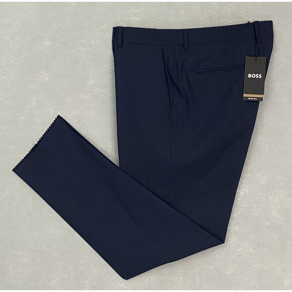 Boss Men's 38x33 Slim Fit Dress Pants Dark Blue Wool Blend Raw Hem Stretch NEW - Picture 1 of 12
